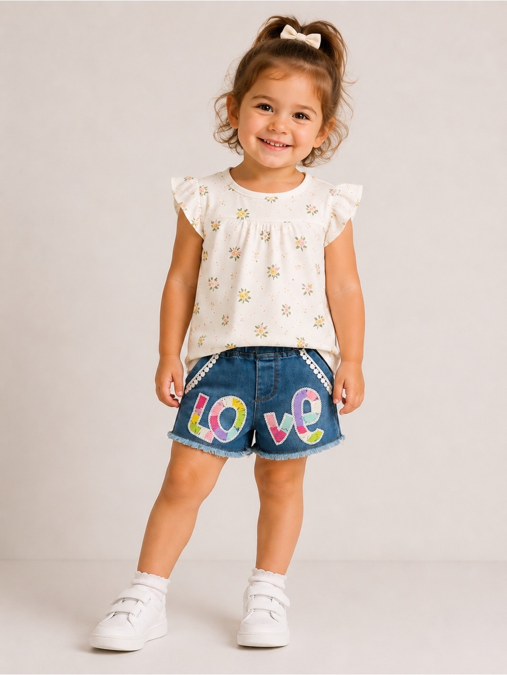 Flapdoodles Girls Denim Shorts with Colorful "LOVE" Appliqué - Blue